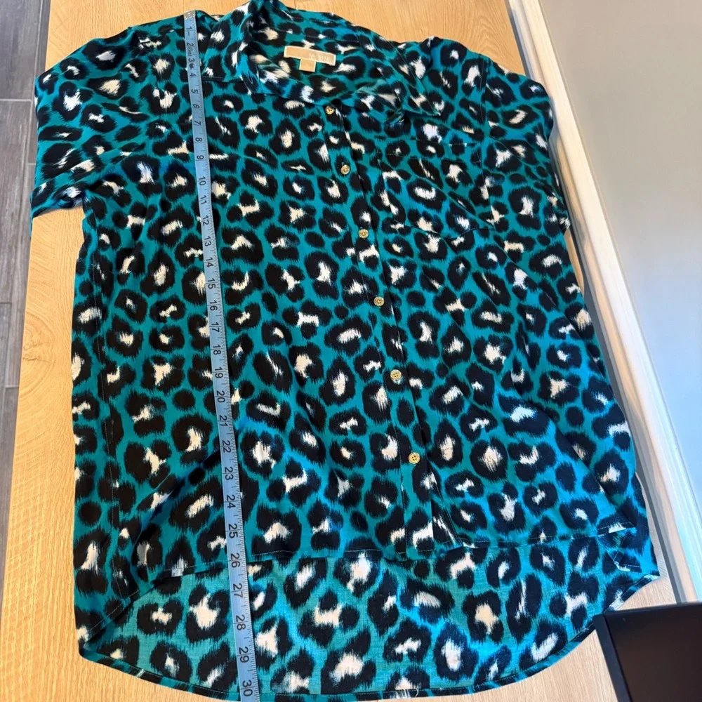 Michael‎ Kors Womens Teal Leopard Print Button Down Short Sleeve Blouse Large